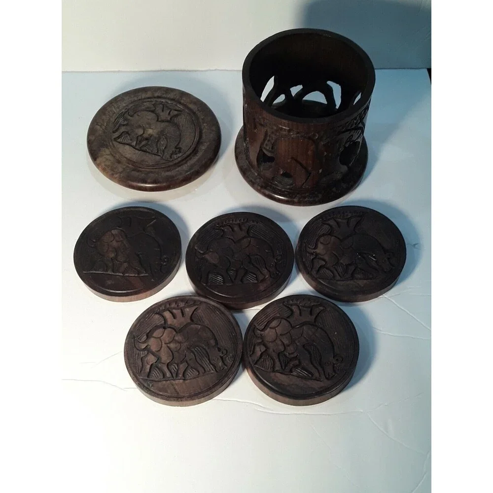 Drink Coaster Set,Wood Carved Set with Holder. African Animal Theme 7 Piece